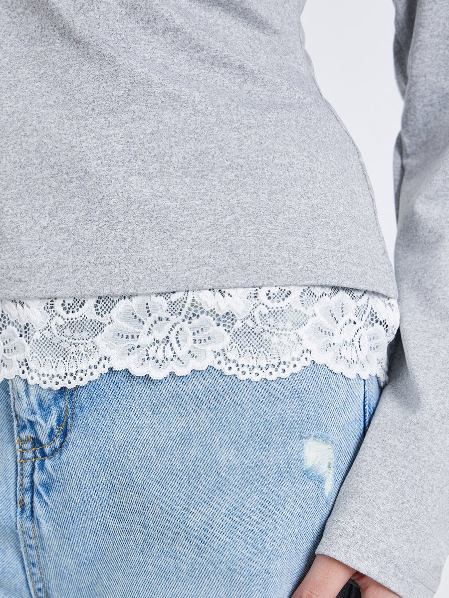 Women Grey Long Sleeve Top with Lace Trim