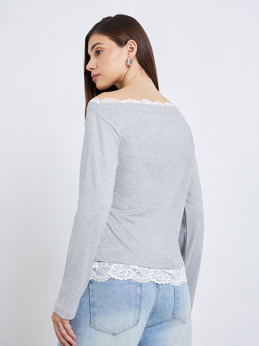 Women Grey Long Sleeve Top with Lace Trim