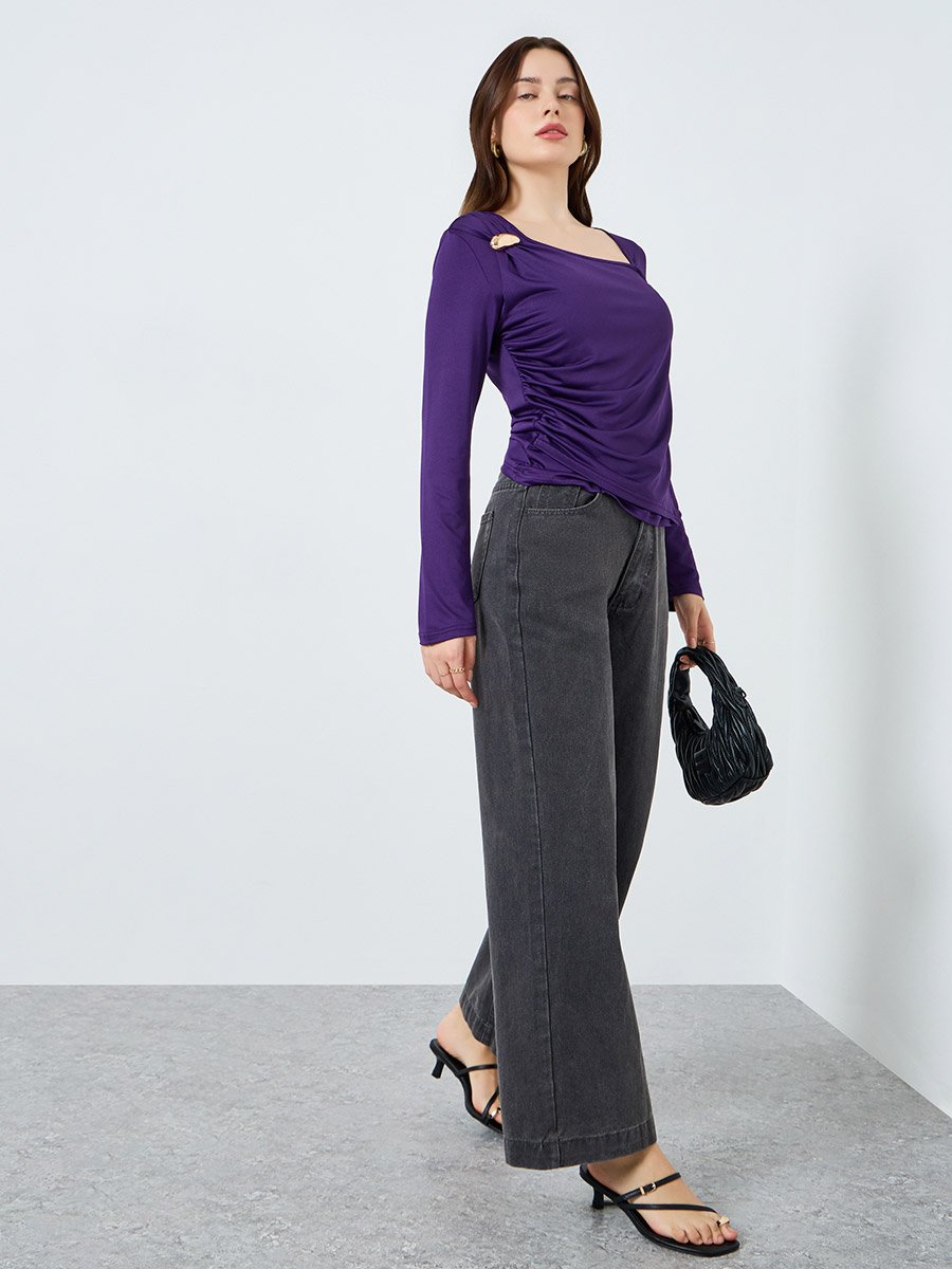 Women Asymmetric Neck Knit Top