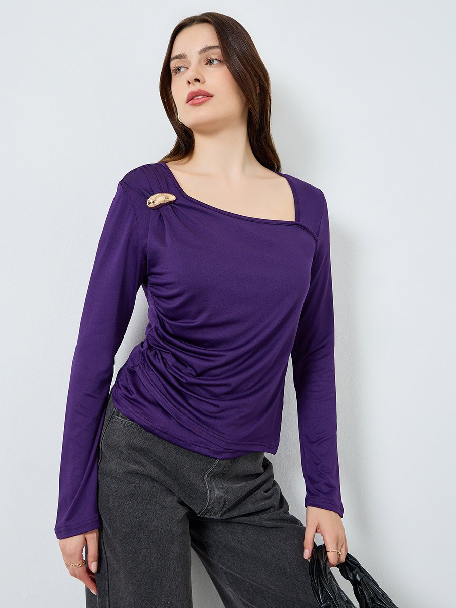 Women Asymmetric Neck Knit Top