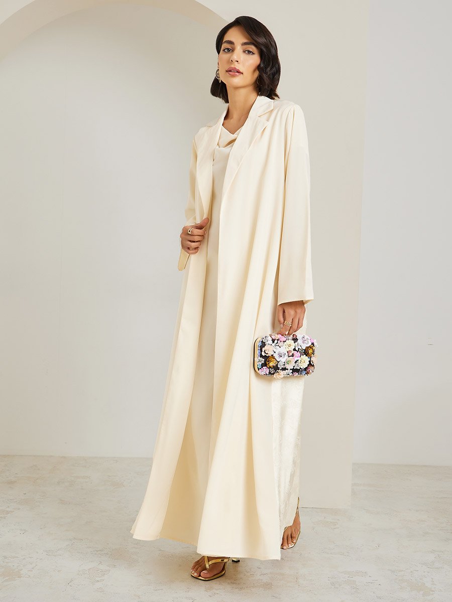 Yellow Lapel Collar Jacquard Abaya and Cowl Neck Dress Modest Set