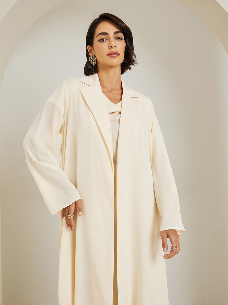 Yellow Lapel Collar Jacquard Abaya and Cowl Neck Dress Modest Set