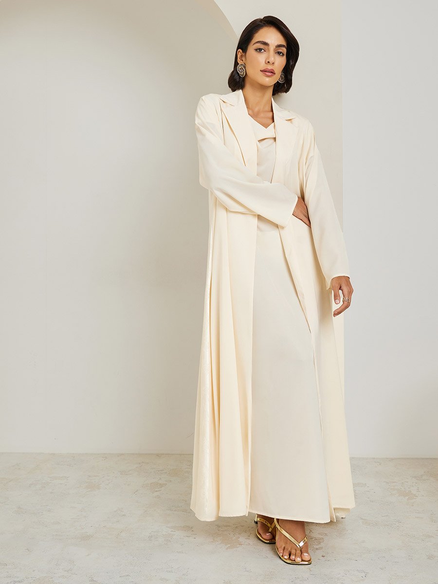 Yellow Lapel Collar Jacquard Abaya and Cowl Neck Dress Modest Set