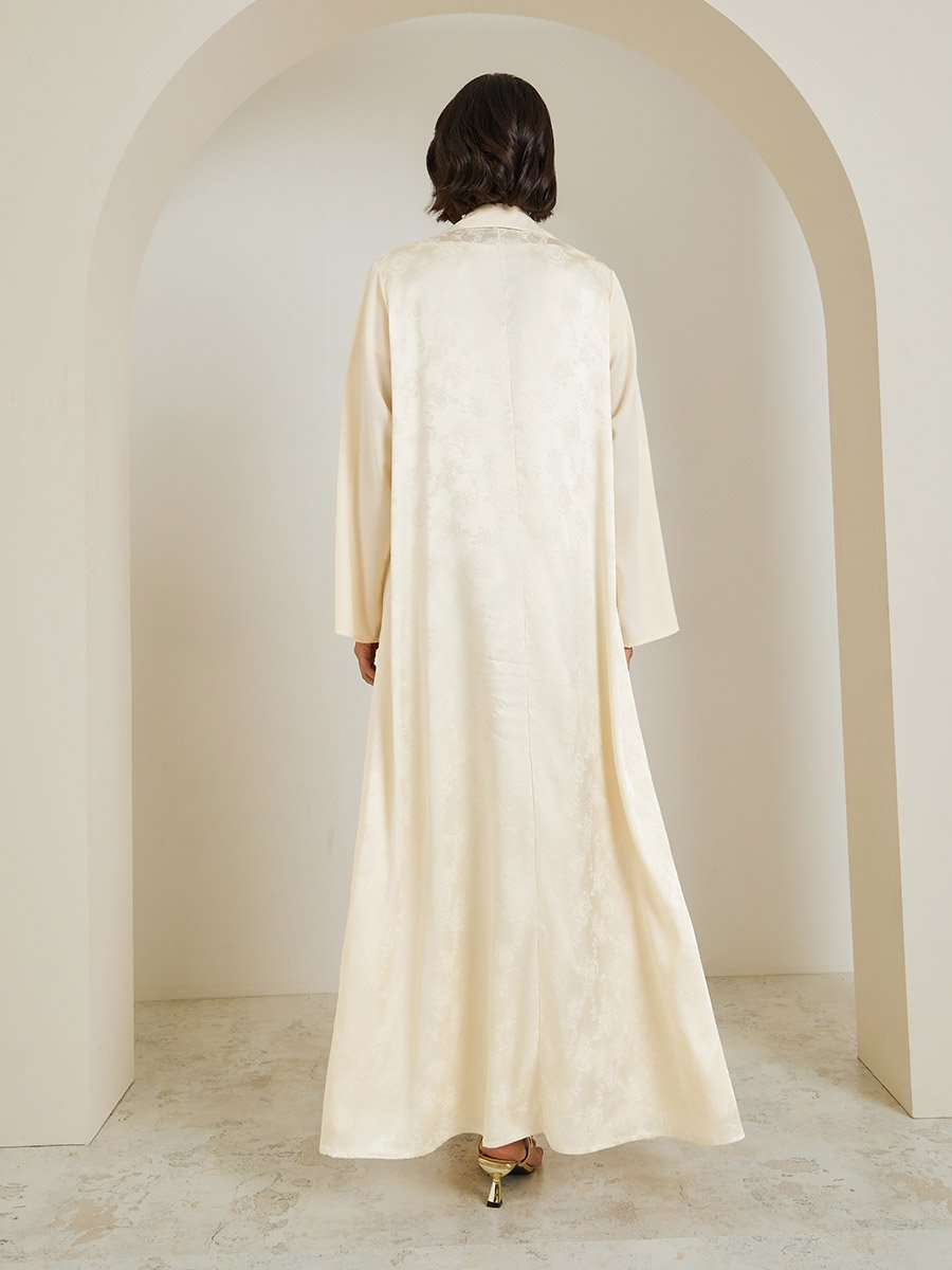 Yellow Lapel Collar Jacquard Abaya and Cowl Neck Dress Modest Set