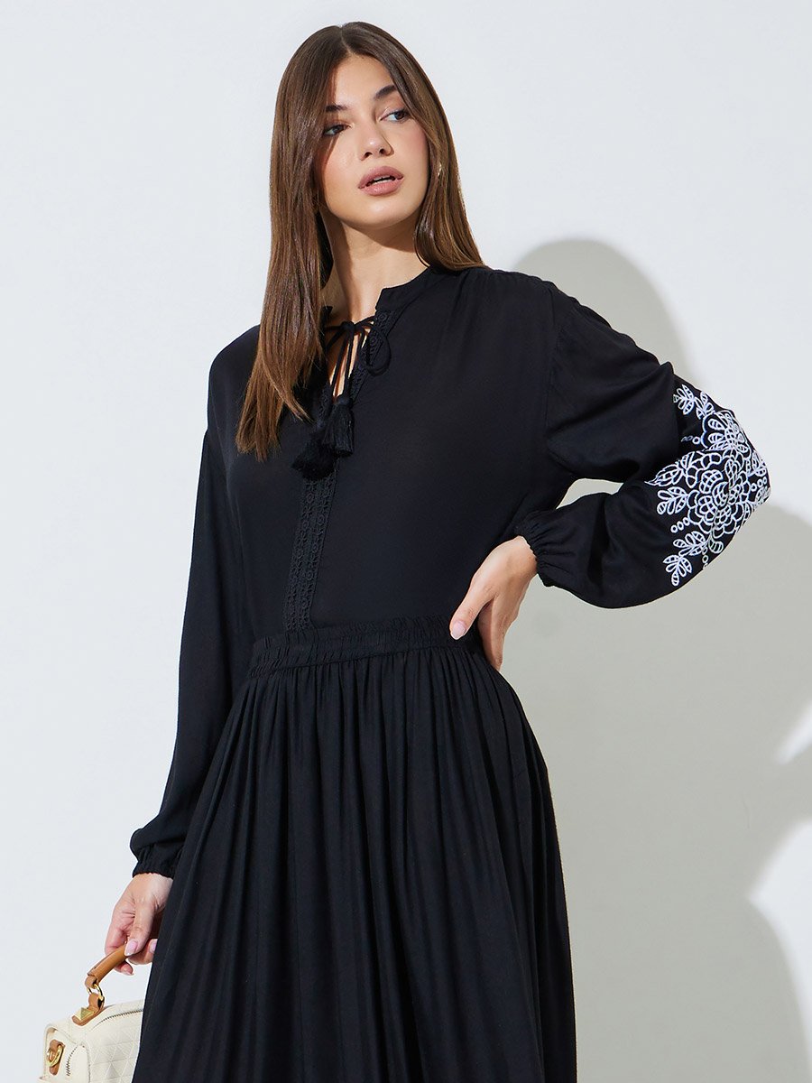 Black Embroidered Balloon Sleeve Blouse