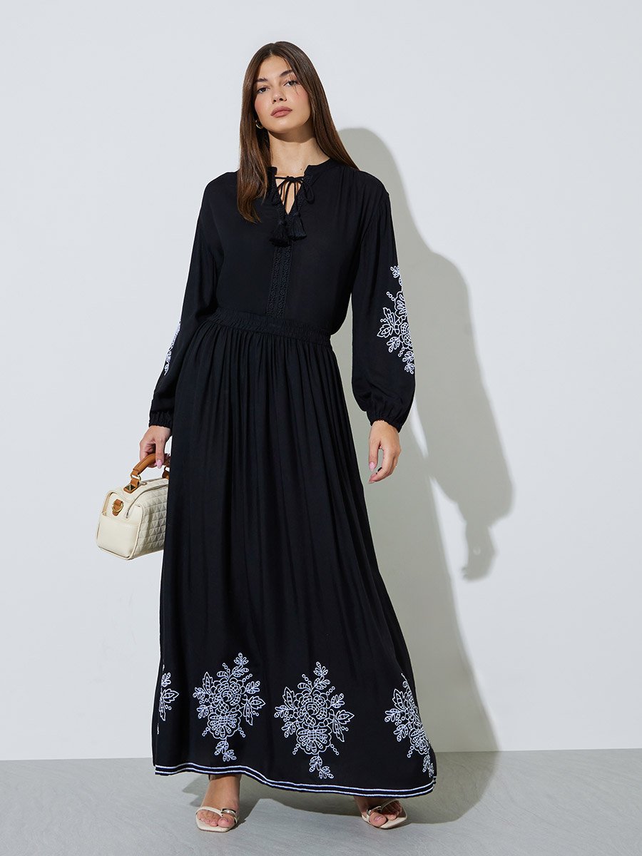 Black Embroidered Balloon Sleeve Blouse