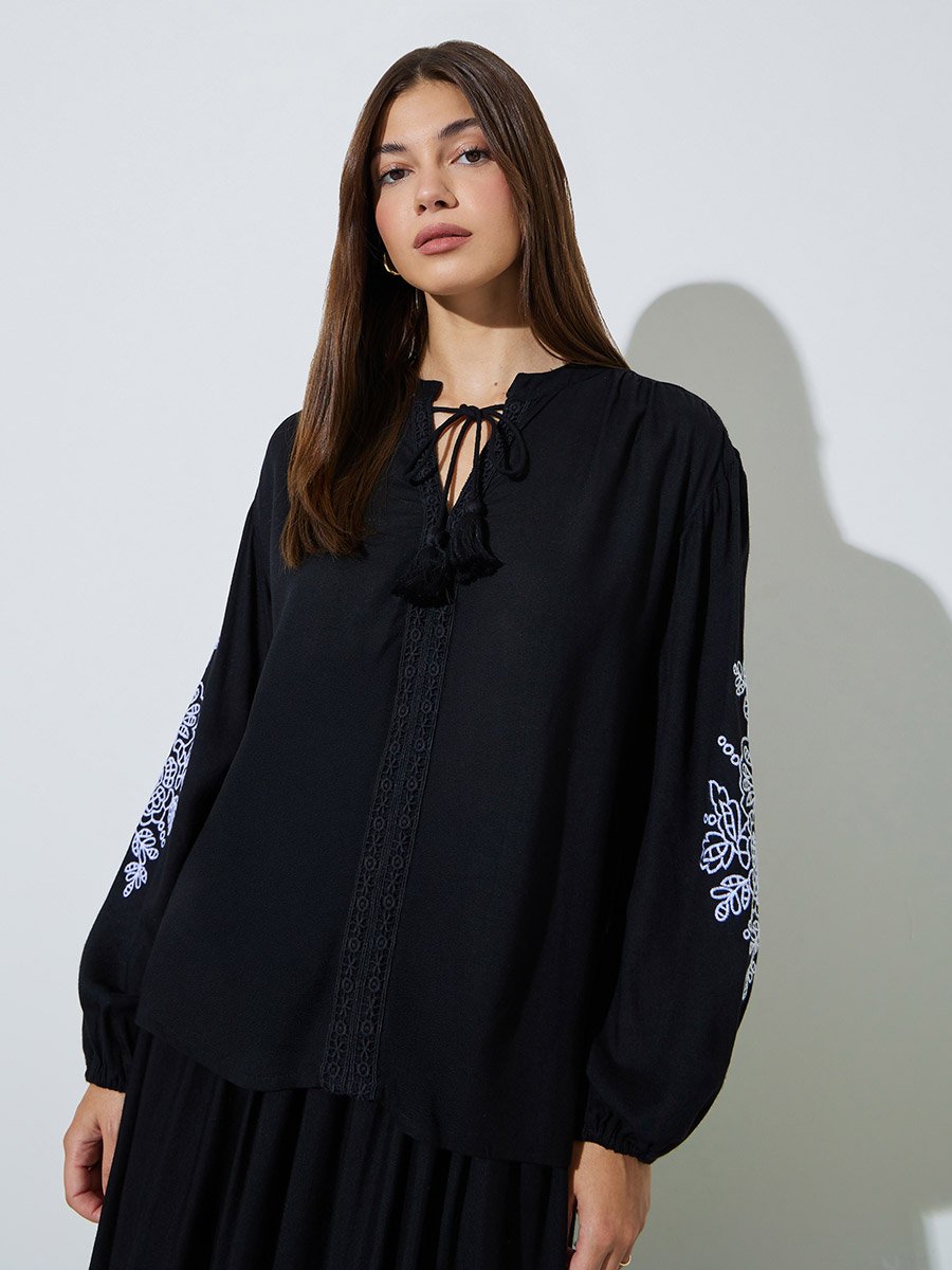 Black Embroidered Balloon Sleeve Blouse