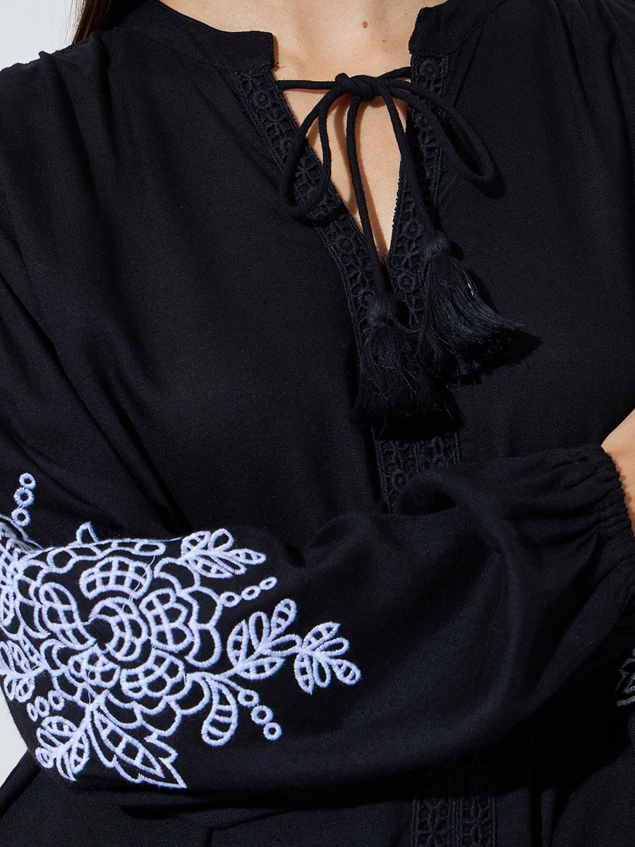 Black Embroidered Balloon Sleeve Blouse