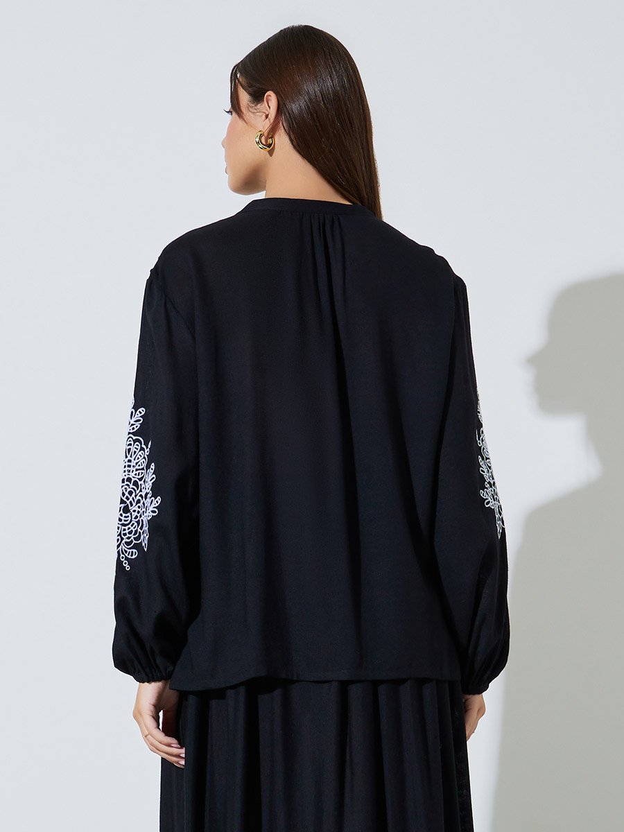 Black Embroidered Balloon Sleeve Blouse