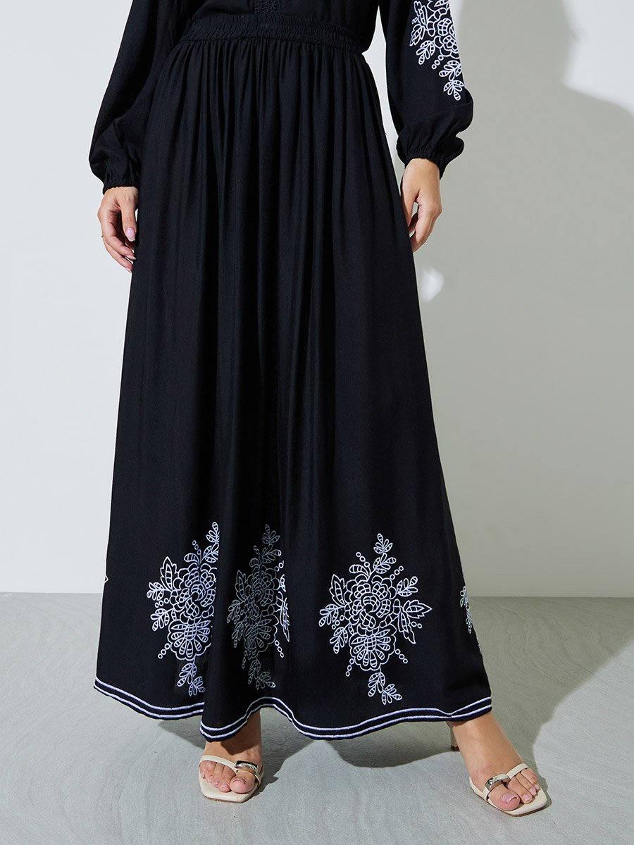 Black Embroidered Hem A-Line Maxi Skirt