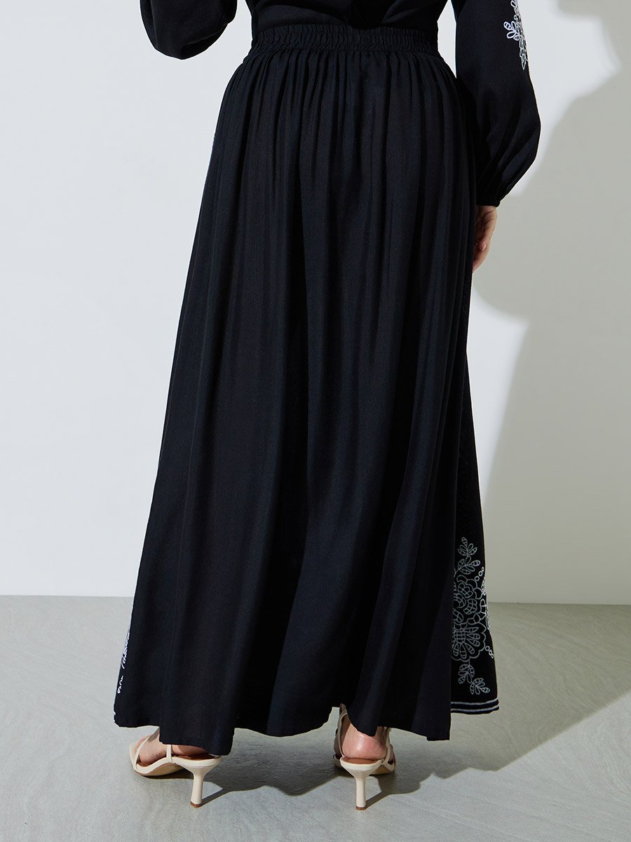 Black Embroidered Hem A-Line Maxi Skirt