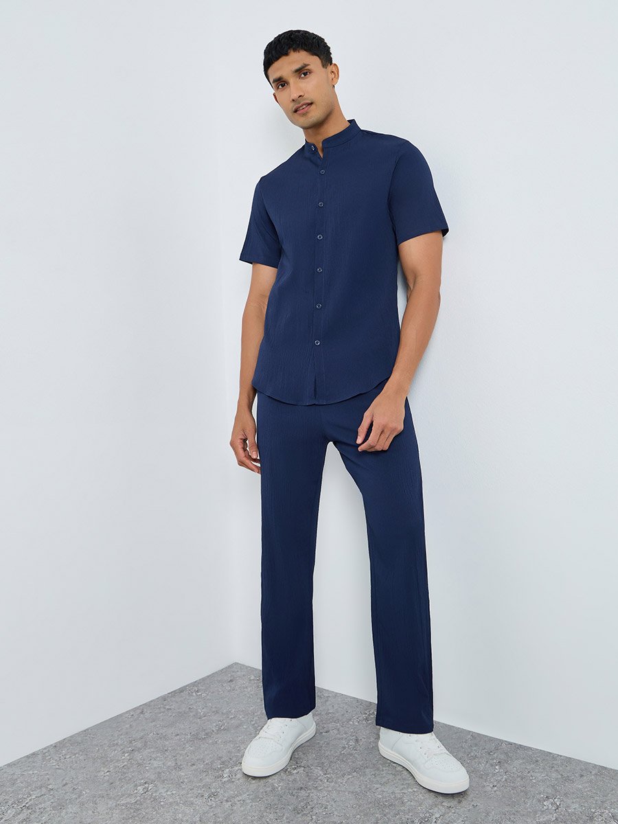 Men Solid Stand Collar Shirt and Pants Co-Ords