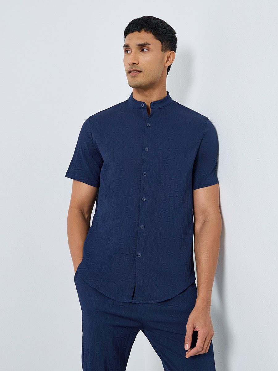 Men Solid Stand Collar Shirt and Pants Co-Ords