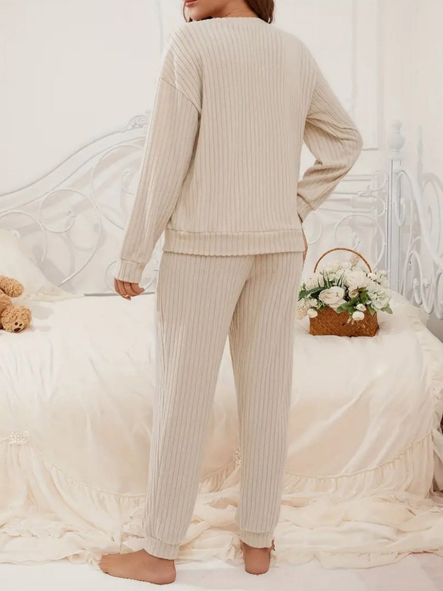 Women Beige Ribbed Top and Pyjama Set