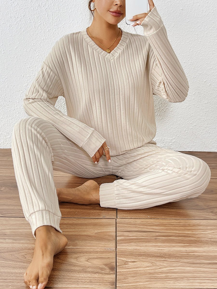 Women Beige Ribbed Top and Pyjama Set