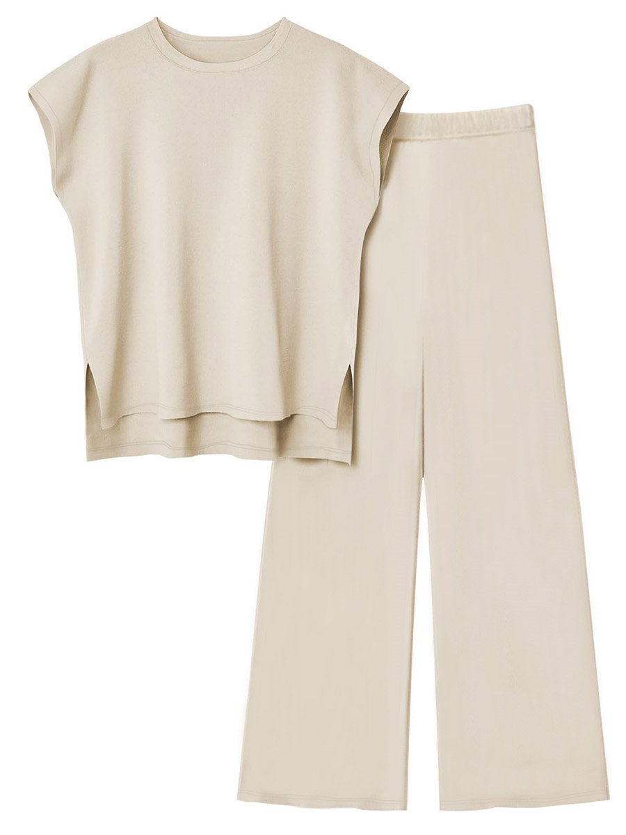 Beige Solid Round Neck Top and Wide Leg Pants Co-Ords