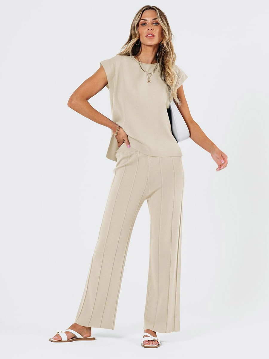 Beige Solid Round Neck Top and Wide Leg Pants Co-Ords