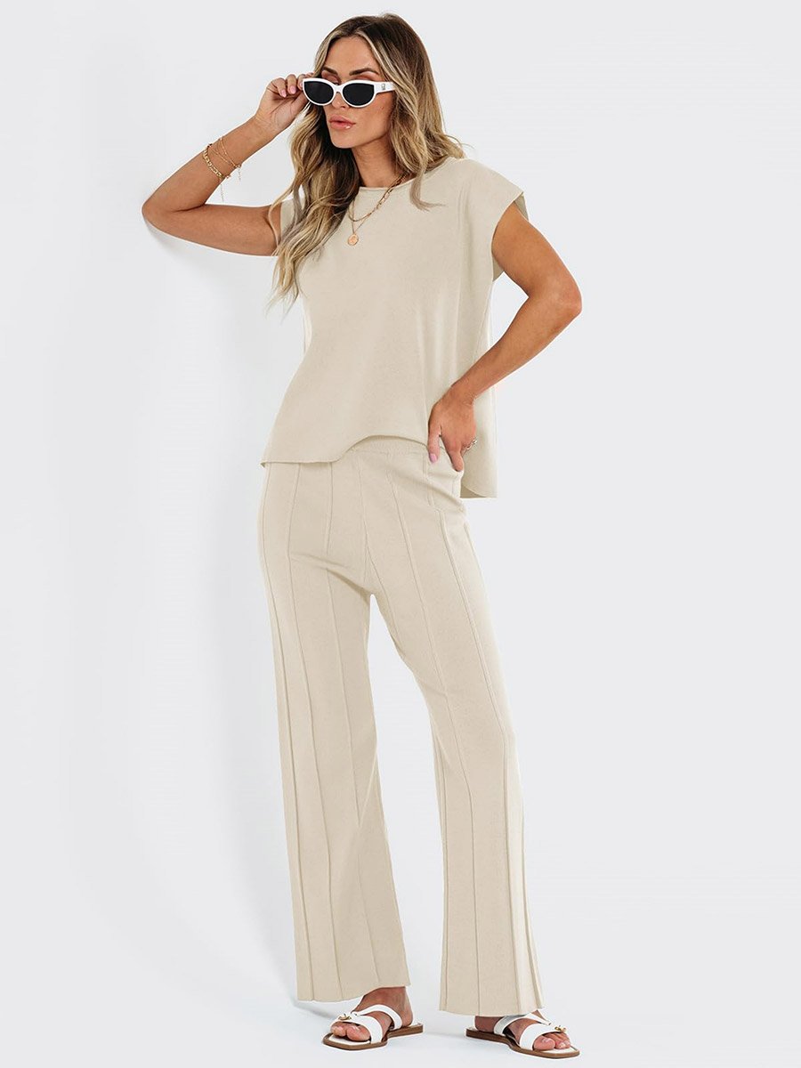Beige Solid Round Neck Top and Wide Leg Pants Co-Ords