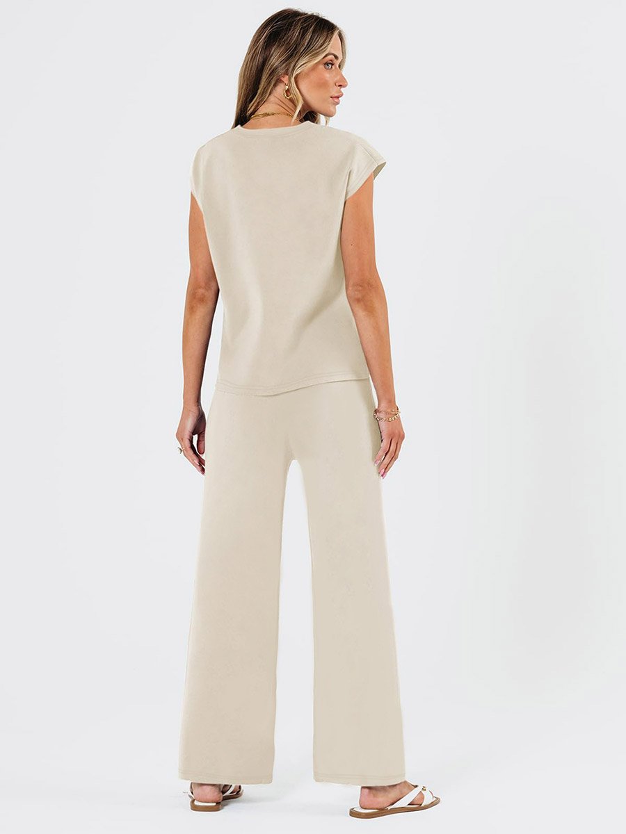 Beige Solid Round Neck Top and Wide Leg Pants Co-Ords