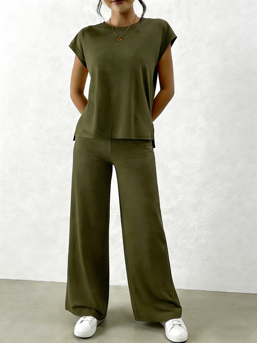 Olive Solid Round Neck Top and Wide Leg Pants Co-Ords