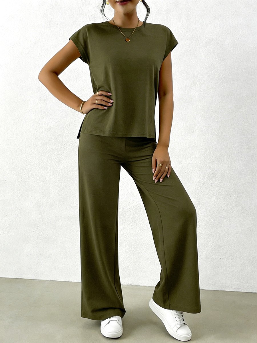 Olive Solid Round Neck Top and Wide Leg Pants Co-Ords