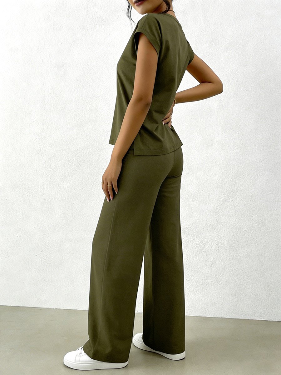 Olive Solid Round Neck Top and Wide Leg Pants Co-Ords