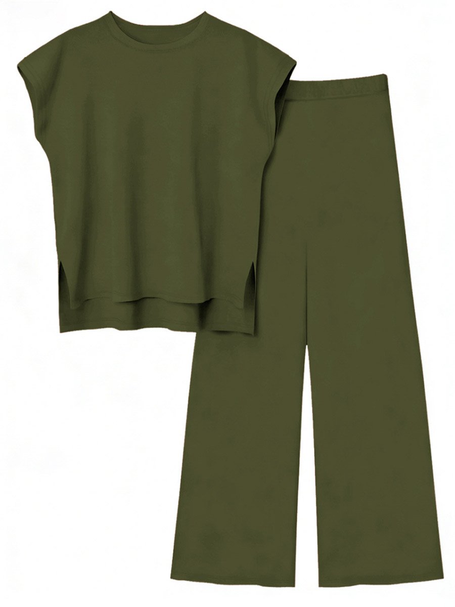 Olive Solid Round Neck Top and Wide Leg Pants Co-Ords