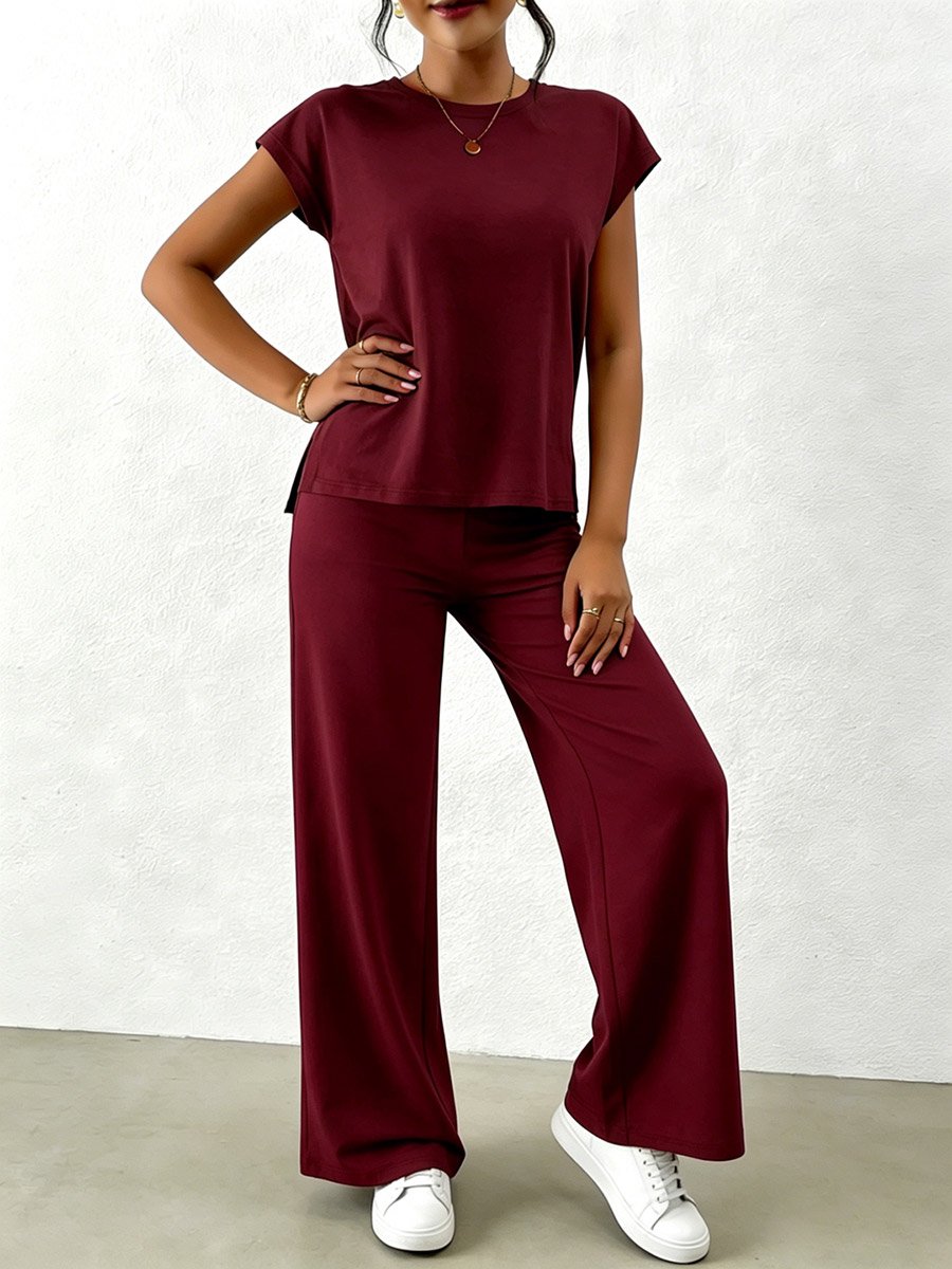 Red Solid Round Neck Top and Wide Leg Pants Co-Ords