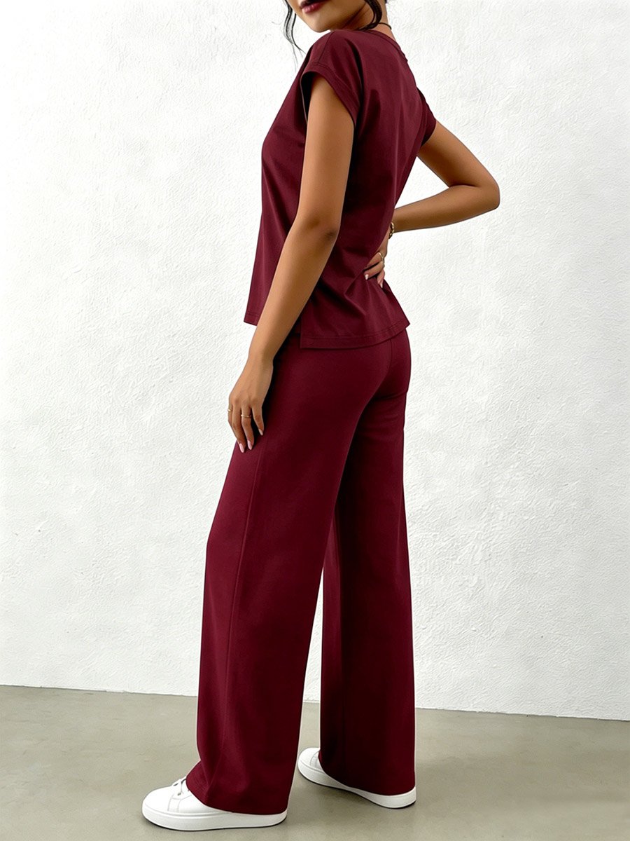 Red Solid Round Neck Top and Wide Leg Pants Co-Ords