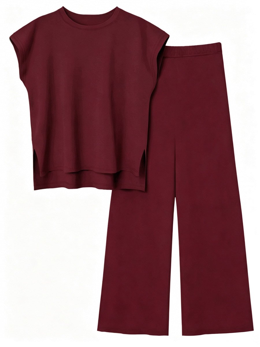 Red Solid Round Neck Top and Wide Leg Pants Co-Ords