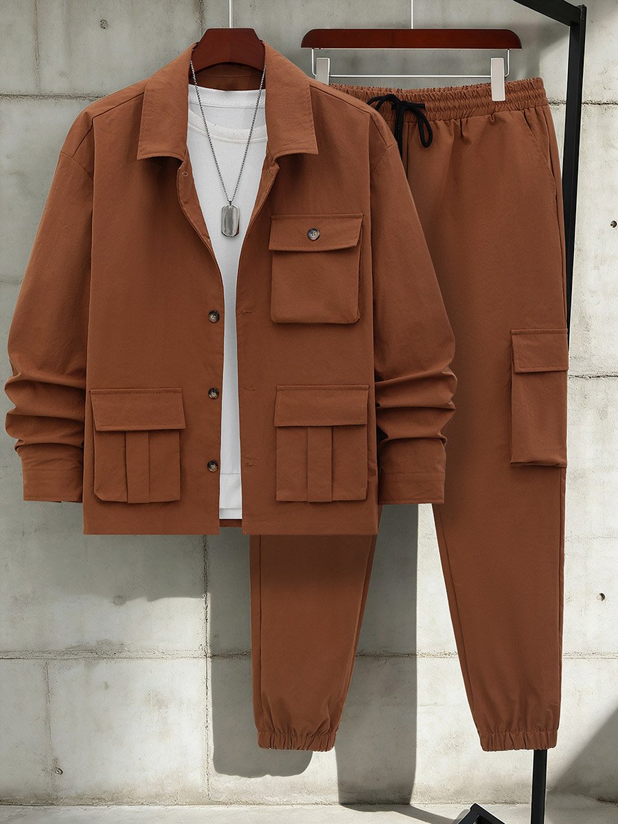 Men Pocket Detail Buttoned Jacket and Drawstring Pants Co-Ords