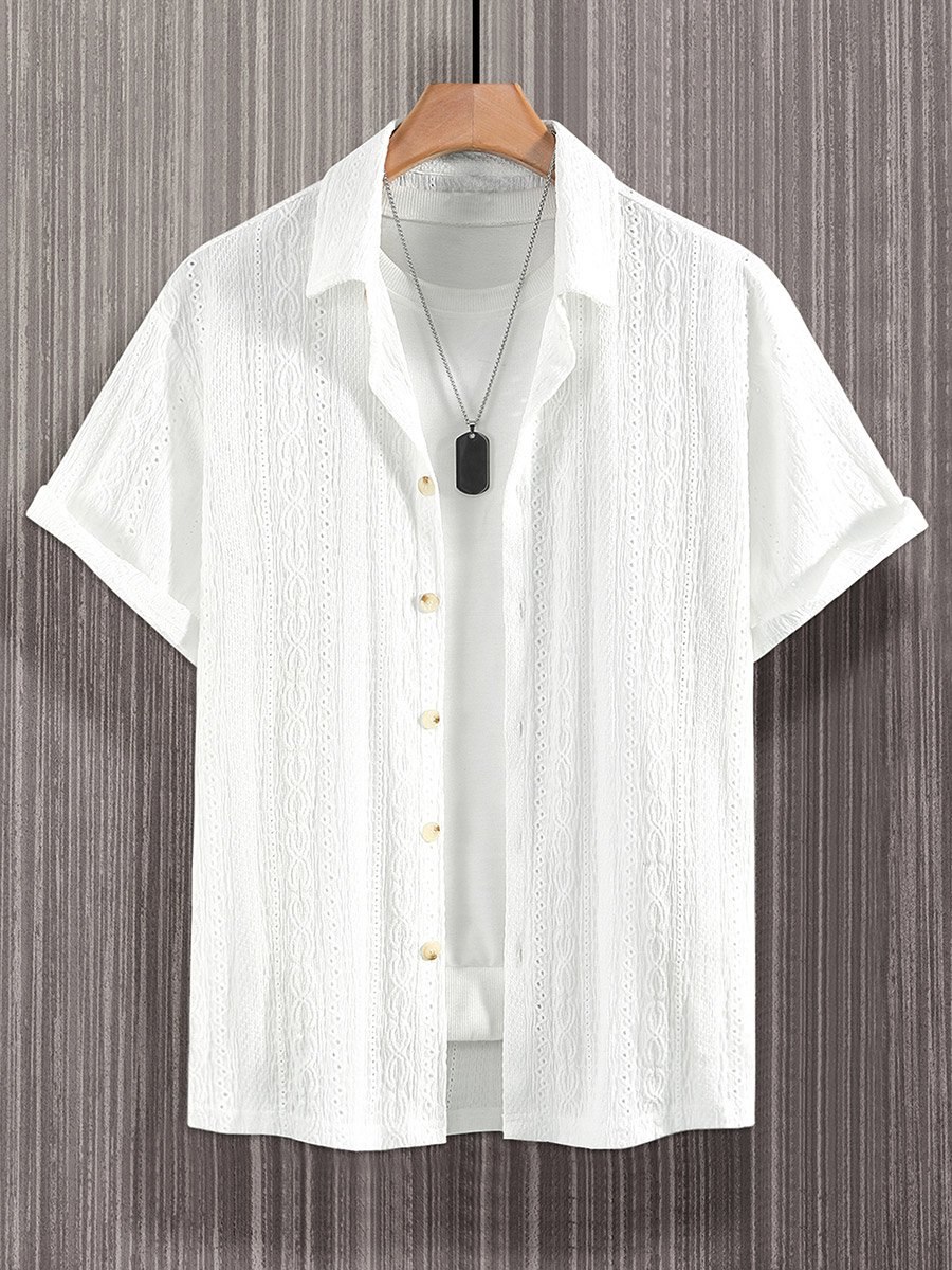 Men Eyelet Short Sleeve Shirt with Spread Collar