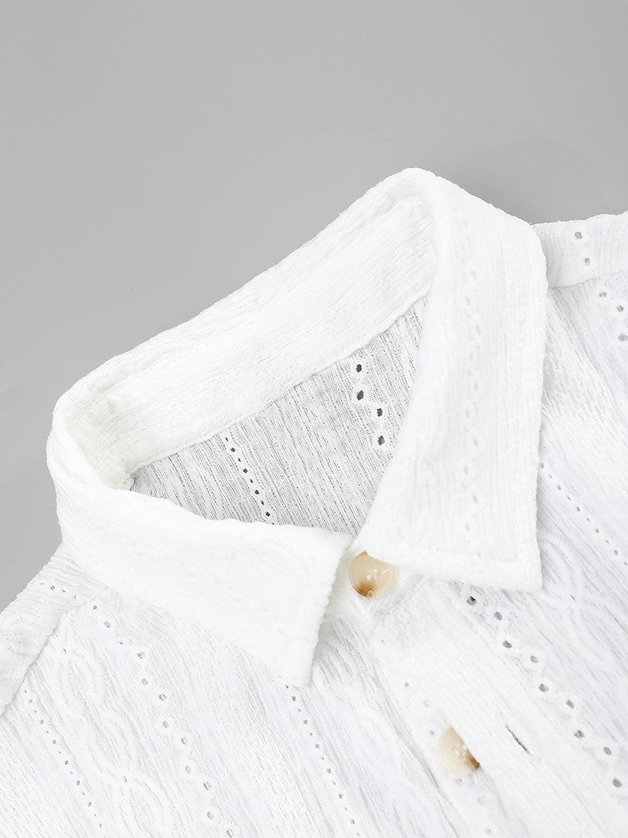 Men Eyelet Short Sleeve Shirt with Spread Collar