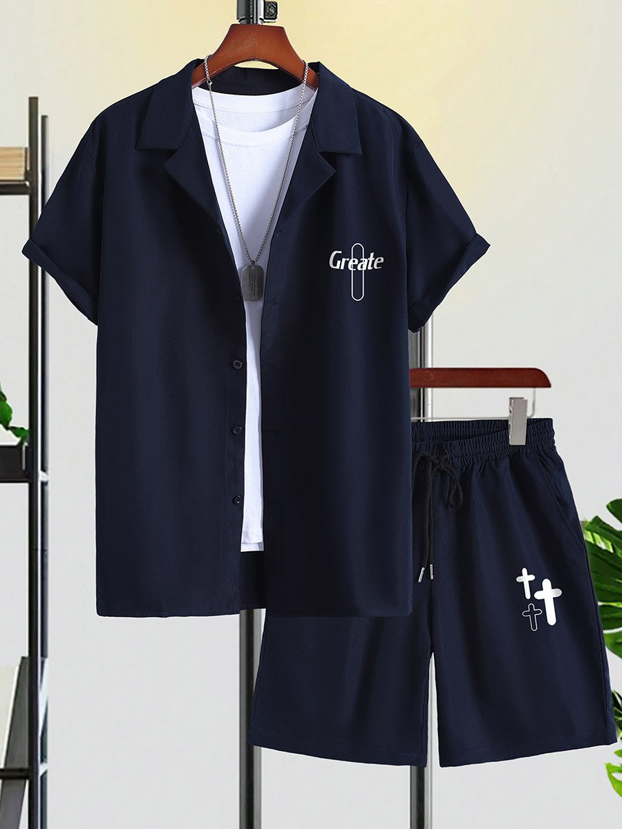 Men Navy Blue Printed Shirt and Shorts Co-Ords