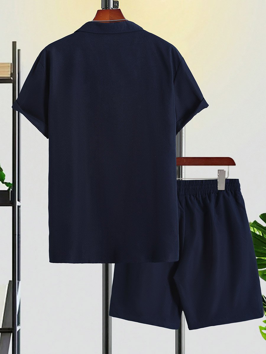 Men Navy Blue Printed Shirt and Shorts Co-Ords