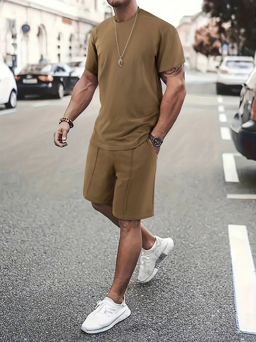 Men Solid Short Sleeve T-Shirt and Shorts Co-Ords
