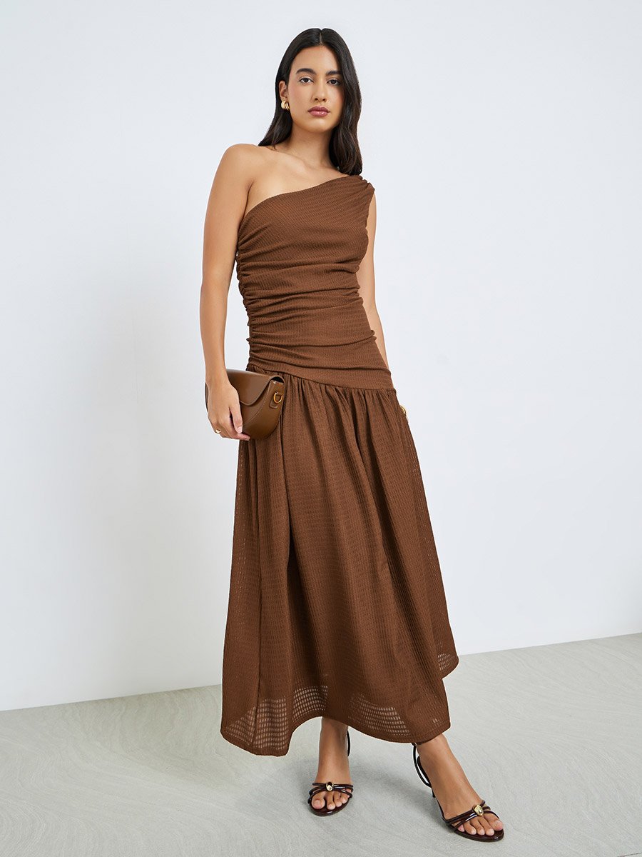 Brown Ruched One Shoulder A-Line Maxi Dress For Women at Bahrain | Styli