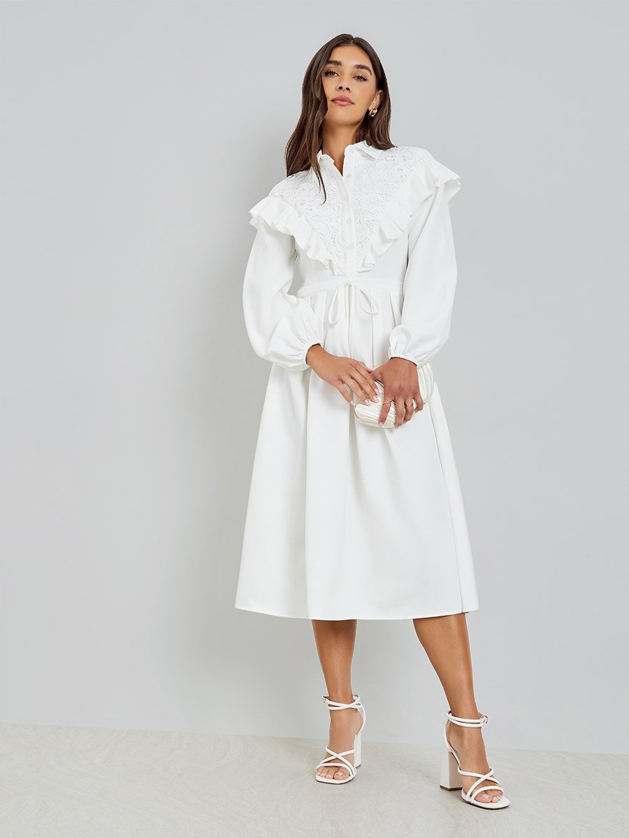 White Lace Collar Shirt Midi Dress