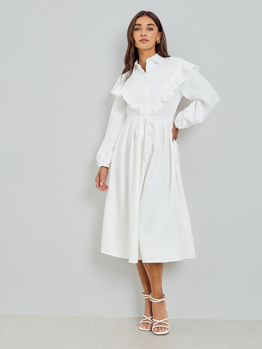 White Lace Collar Shirt Midi Dress