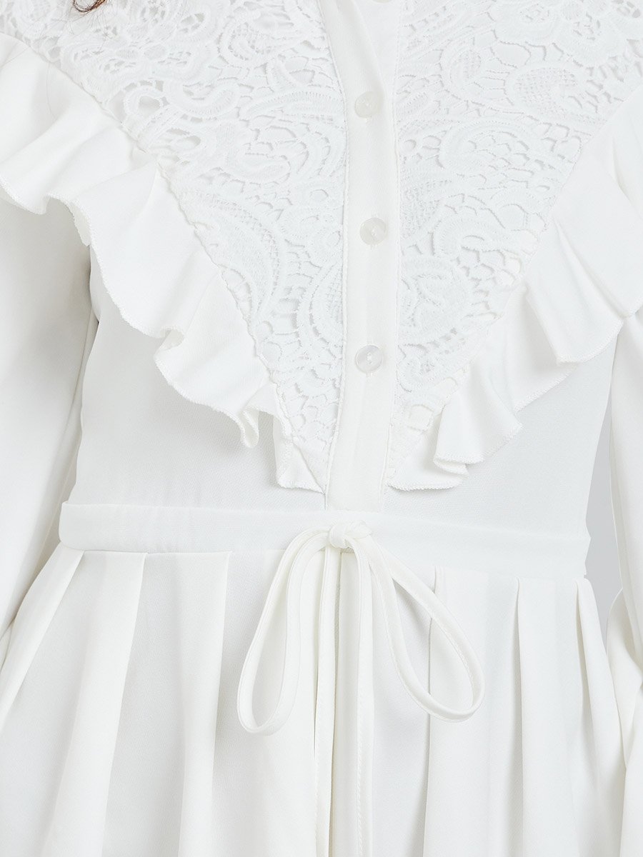 White Lace Collar Shirt Midi Dress