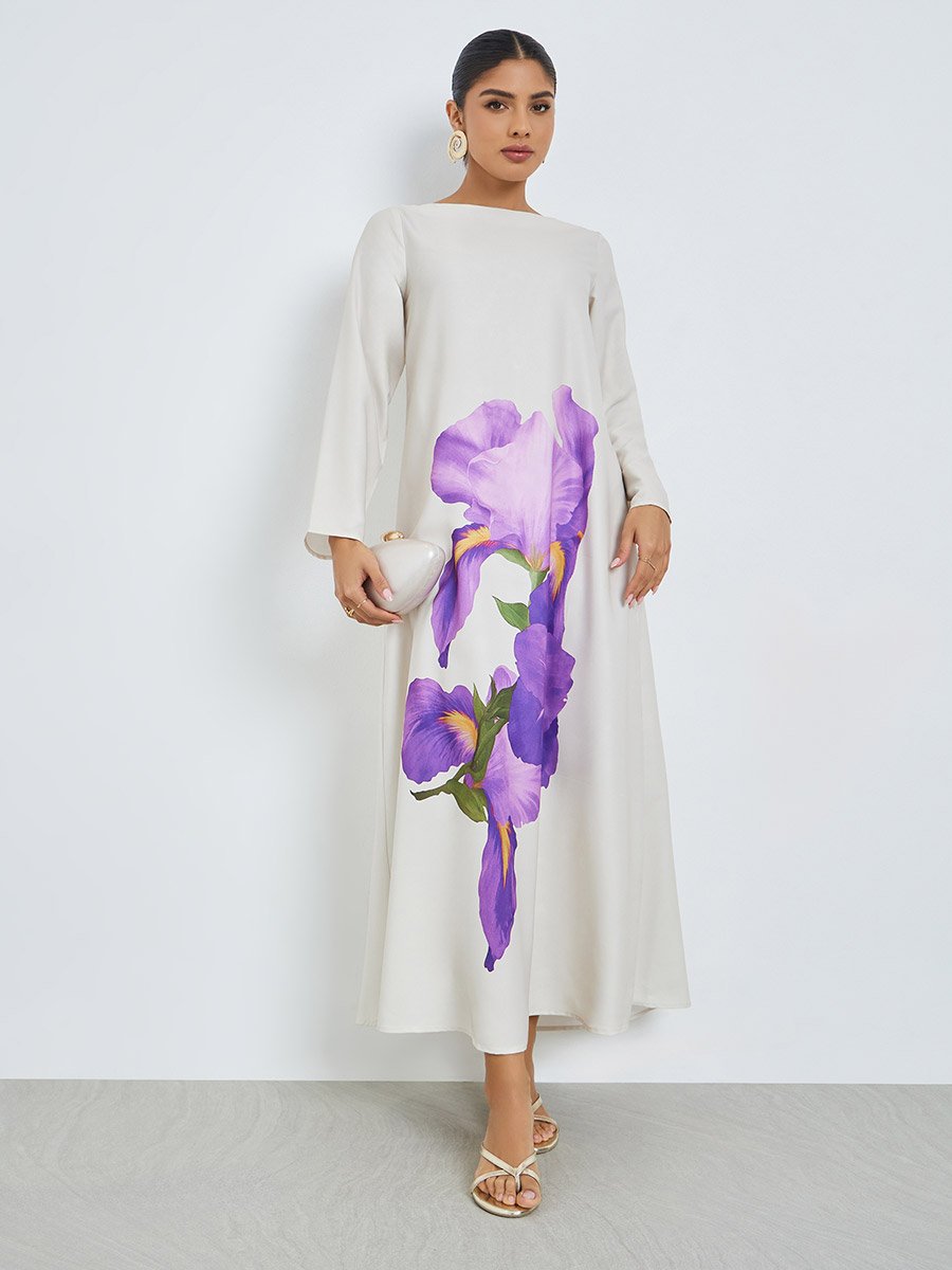 Grey Floral Print Long Sleeve Jalabiya