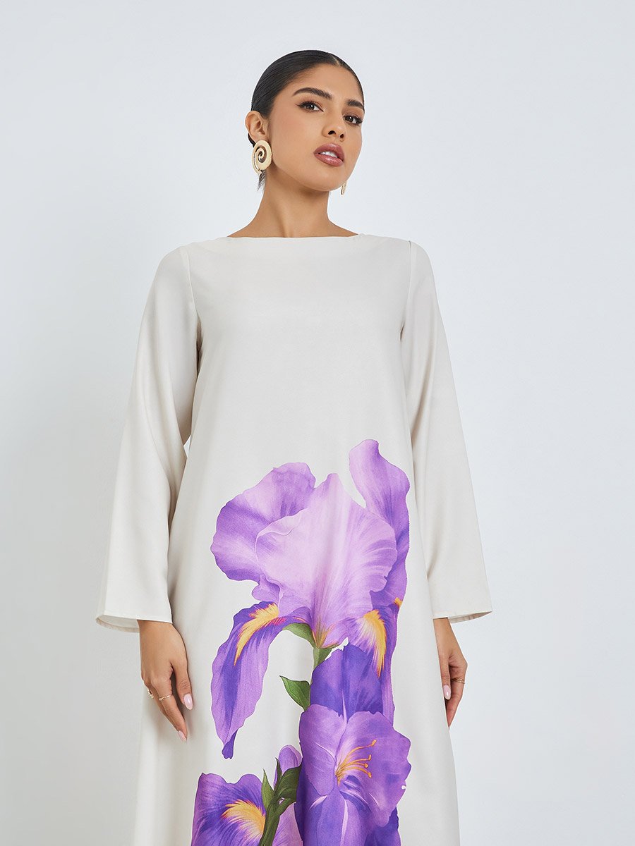 Grey Floral Print Long Sleeve Jalabiya