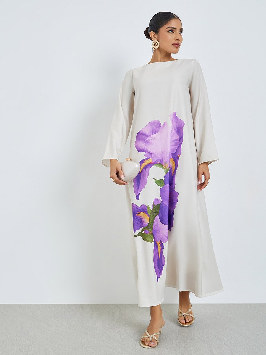 Grey Floral Print Long Sleeve Jalabiya