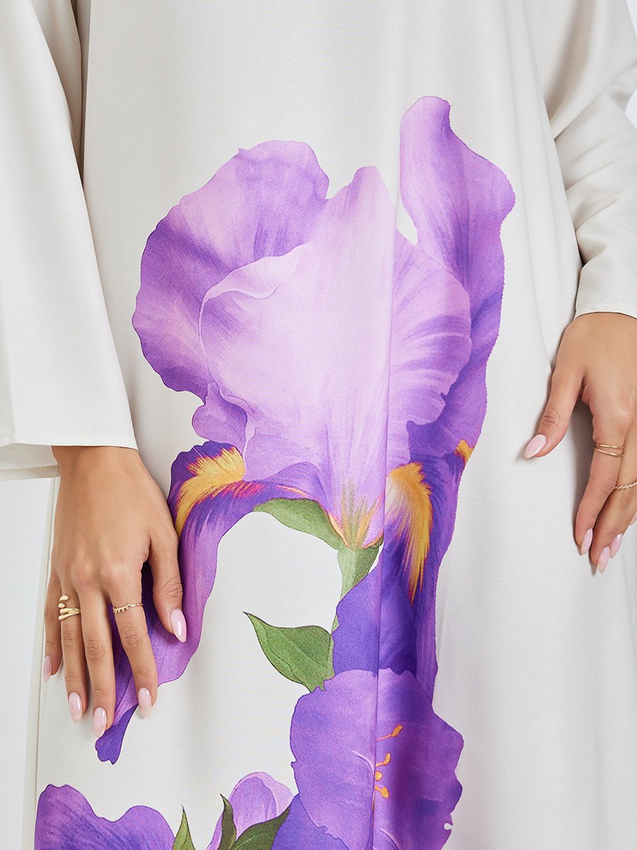 Grey Floral Print Long Sleeve Jalabiya