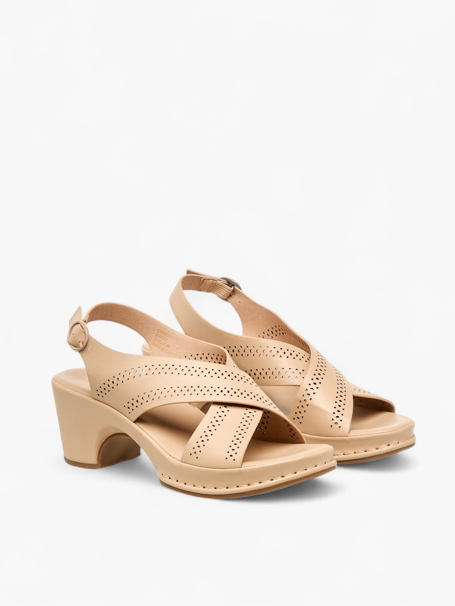 Women Perforated Cross Strap Block Heel Sandals
