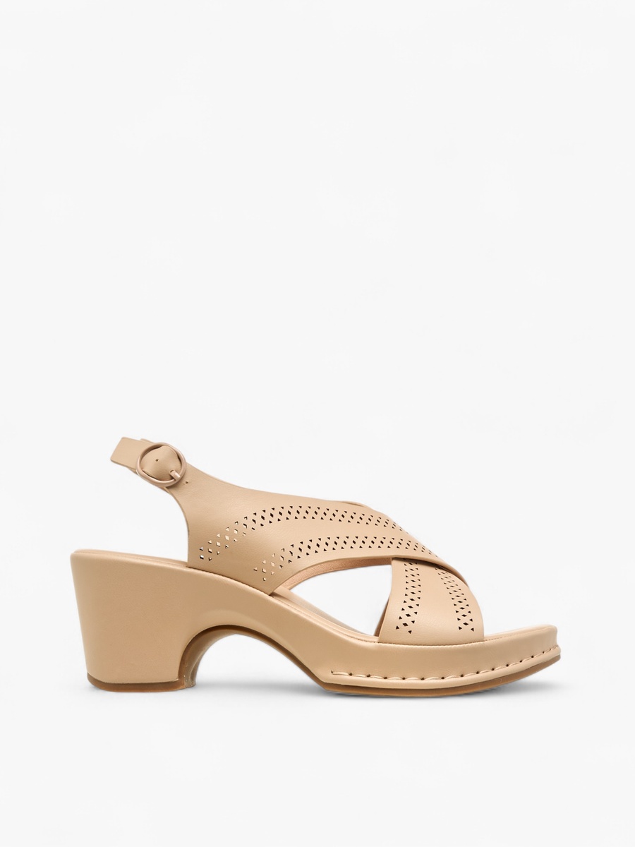 Women Perforated Cross Strap Block Heel Sandals