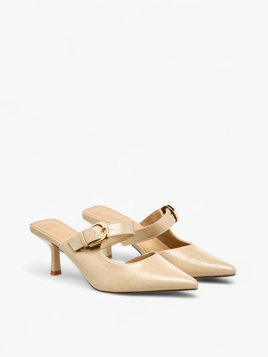 Women Textured Buckle Detail Flared Heel Mules