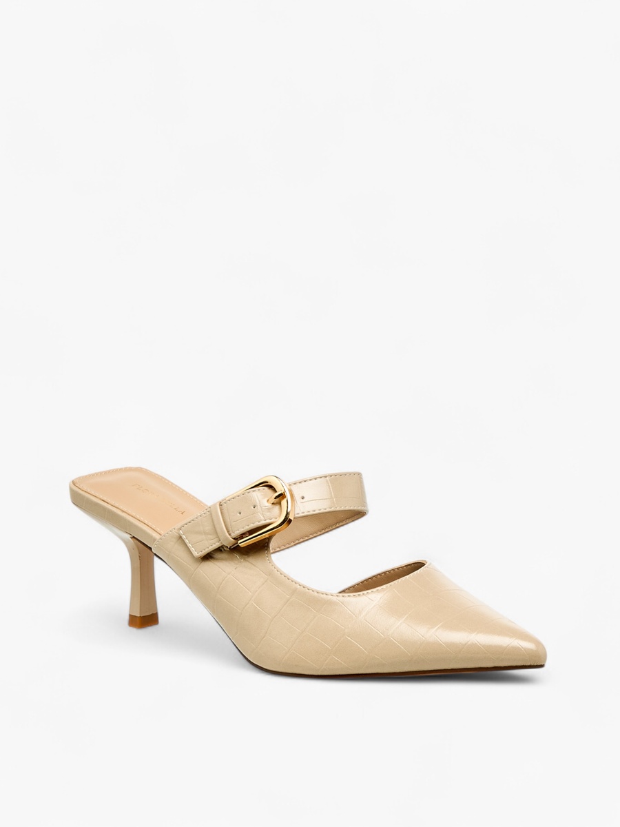 Women Textured Buckle Detail Flared Heel Mules