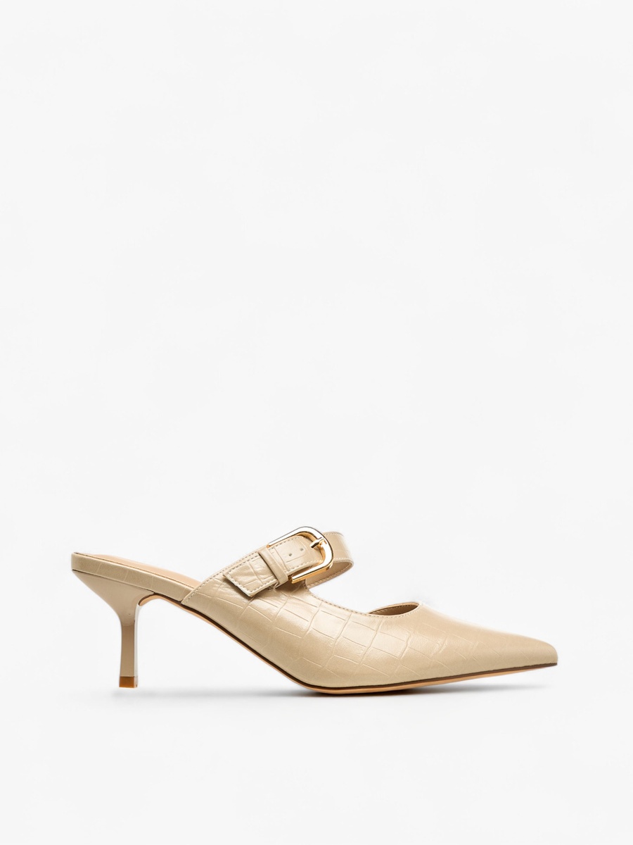 Women Textured Buckle Detail Flared Heel Mules