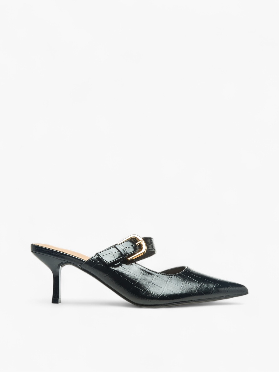 Women Textured Buckle Detail Flared Heel Mules
